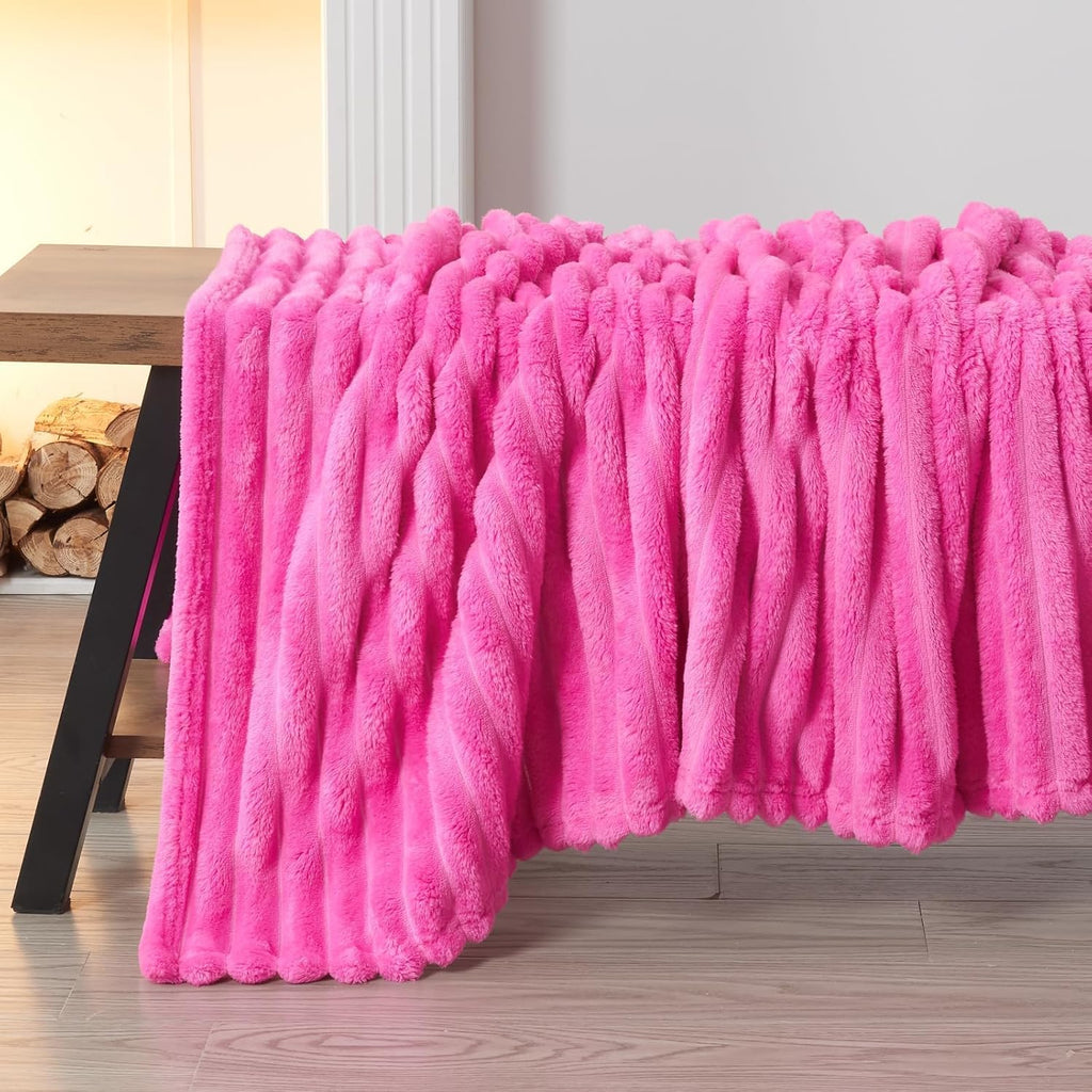 NEWCOSPLAY Super Soft Throw Blanket Pink Premium Silky Flannel Fleece 3D Ribbed Jacquard Lightweight Bed Blanket All Season Use (Pink Ribbed, Throw(50"x60")) - Grand Goldman