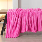 NEWCOSPLAY Super Soft Throw Blanket Pink Premium Silky Flannel Fleece 3D Ribbed Jacquard Lightweight Bed Blanket All Season Use (Pink Ribbed, Throw(50"x60")) - Grand Goldman