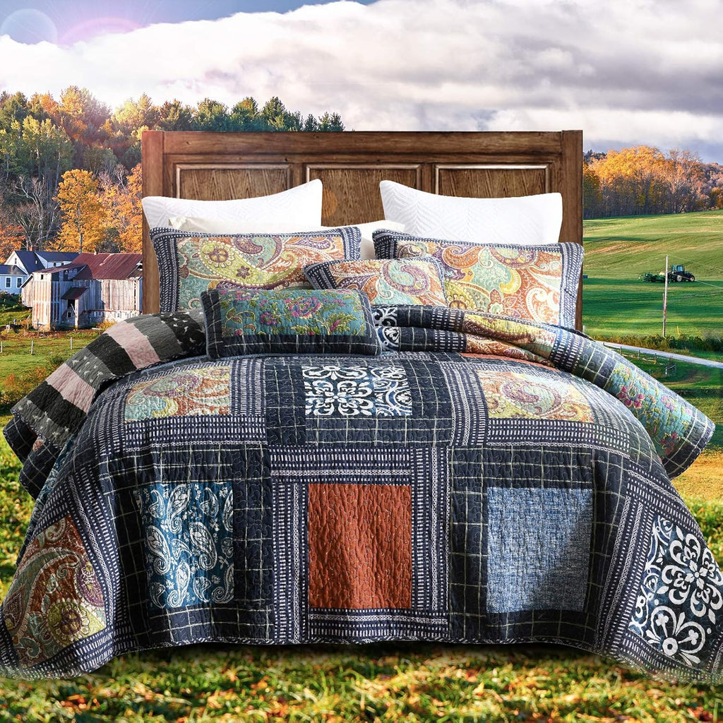 NEWLAKE Bedspread Quilt Set, Reversible Cotton Patchwork Bohemian Quilt, Lightweight and Breathable for All Seasons, Soft Quilted Bedspread with 2 Pillowcases, Queen Size - Grand Goldman