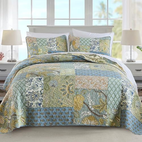 NEWLAKE Bedspread Quilt Set, Reversible Cotton Patchwork Bohemian Quilt, Lightweight and Breathable for All Seasons, Soft Quilted Bedspread with 2 Pillowcases, Queen Size - Grand Goldman