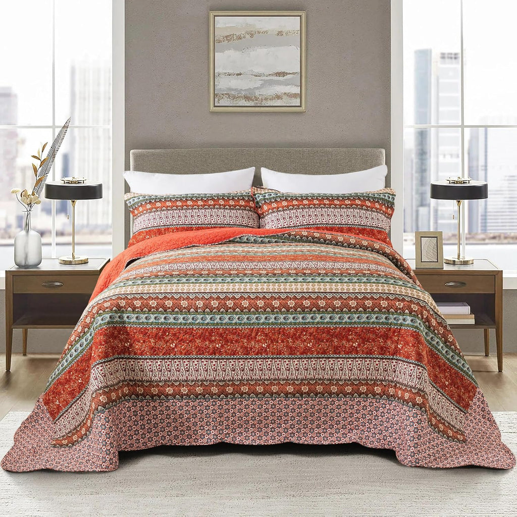 NEWLAKE Bedspread Quilt Set, Reversible Cotton Patchwork Bohemian Quilt, Lightweight and Breathable for All Seasons, Soft Quilted Bedspread with 2 Pillowcases, Queen Size - Grand Goldman