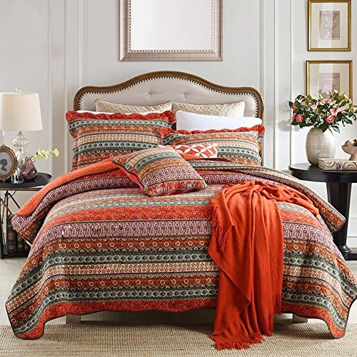 NEWLAKE Bedspread Quilt Set, Reversible Cotton Patchwork Bohemian Quilt, Lightweight and Breathable for All Seasons, Soft Quilted Bedspread with 2 Pillowcases, Queen Size - Grand Goldman