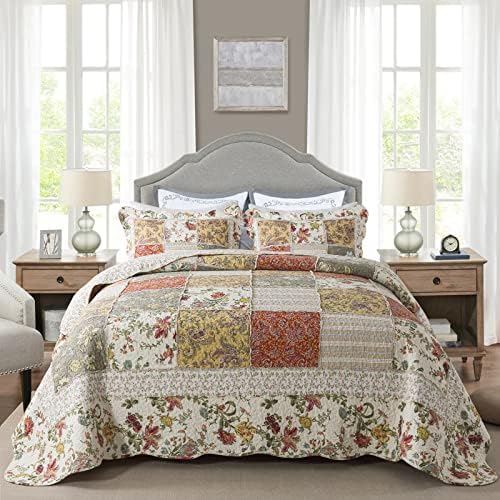 NEWLAKE Bedspread Quilt Set, Reversible Cotton Patchwork Bohemian Quilt, Lightweight and Breathable for All Seasons, Soft Quilted Bedspread with 2 Pillowcases, Queen Size - Grand Goldman