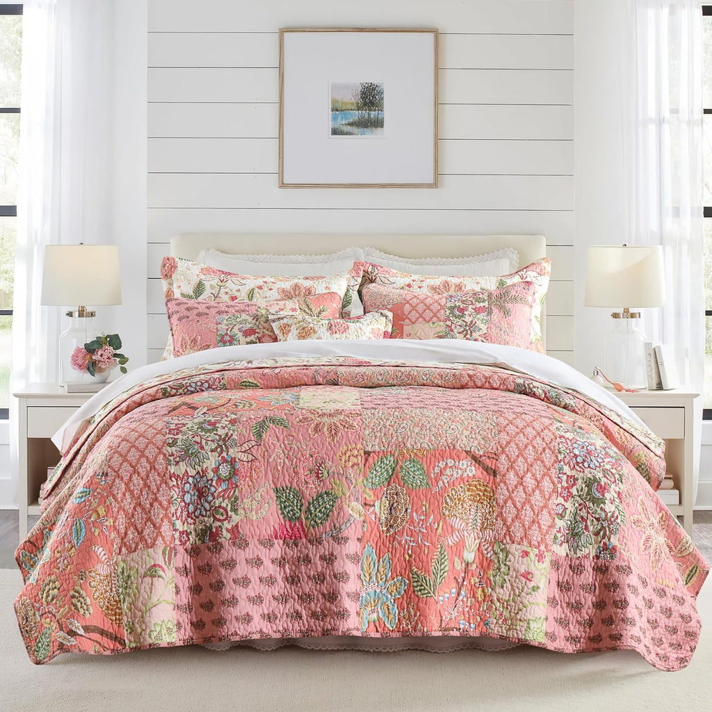 NEWLAKE Bedspread Quilt Set, Reversible Cotton Patchwork Bohemian Quilt, Lightweight and Breathable for All Seasons, Soft Quilted Bedspread with 2 Pillowcases, Queen Size - Grand Goldman