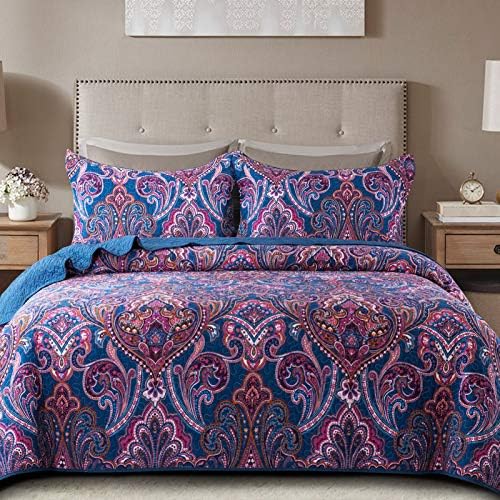 NEWLAKE Bedspread Quilt Set, Reversible Cotton Patchwork Bohemian Quilt, Lightweight and Breathable for All Seasons, Soft Quilted Bedspread with 2 Pillowcases, Queen Size - Grand Goldman
