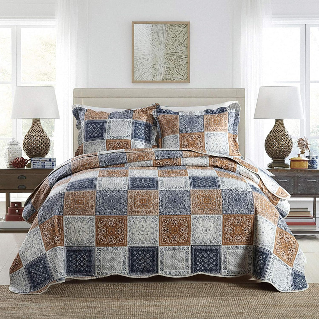 NEWLAKE Bedspread Quilt Set, Reversible Cotton Patchwork Bohemian Quilt, Lightweight and Breathable for All Seasons, Soft Quilted Bedspread with 2 Pillowcases, Queen Size - Grand Goldman