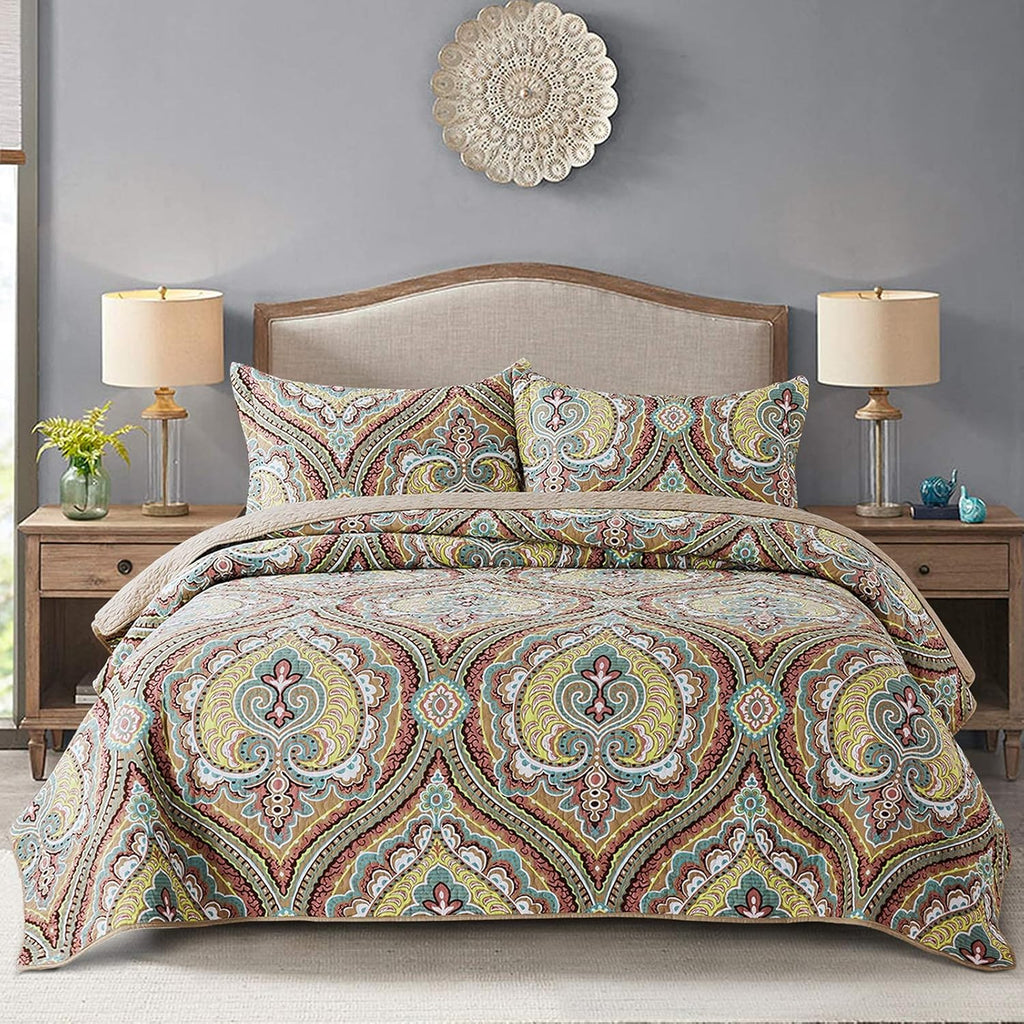 NEWLAKE Bedspread Quilt Set, Reversible Cotton Patchwork Bohemian Quilt, Lightweight and Breathable for All Seasons, Soft Quilted Bedspread with 2 Pillowcases, Queen Size - Grand Goldman