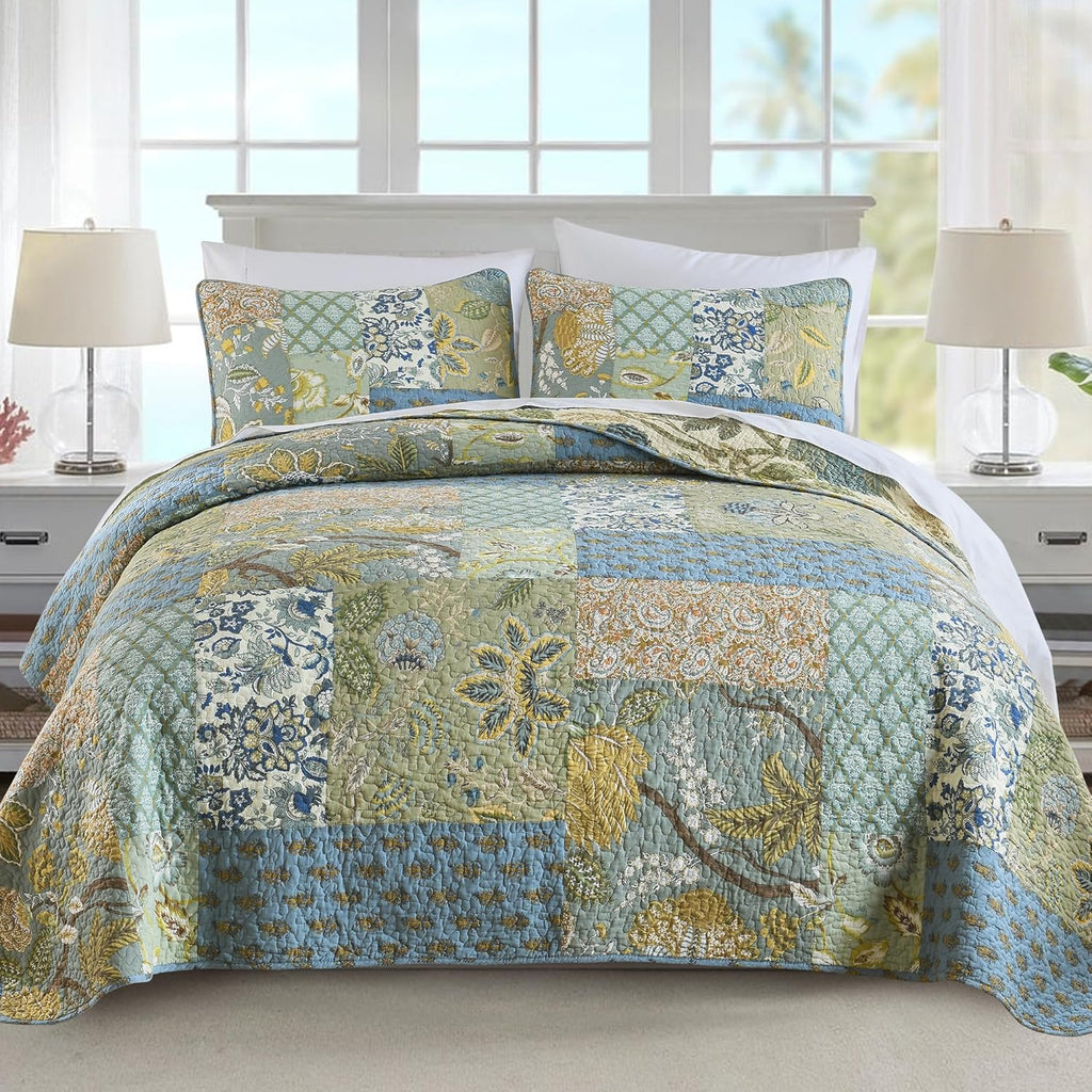 NEWLAKE Bedspread Quilt Set, Reversible Cotton Patchwork Bohemian Quilt, Lightweight and Breathable for All Seasons, Soft Quilted Bedspread with 2 Pillowcases, Queen Size - Grand Goldman