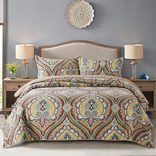 NEWLAKE Bedspread Quilt Set, Reversible Cotton Patchwork Bohemian Quilt, Lightweight and Breathable for All Seasons, Soft Quilted Bedspread with 2 Pillowcases, Queen Size - Grand Goldman