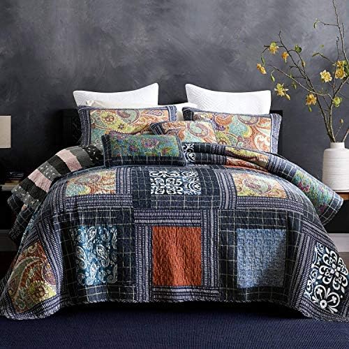 NEWLAKE Bedspread Quilt Set, Reversible Cotton Patchwork Bohemian Quilt, Lightweight and Breathable for All Seasons, Soft Quilted Bedspread with 2 Pillowcases, Queen Size - Grand Goldman