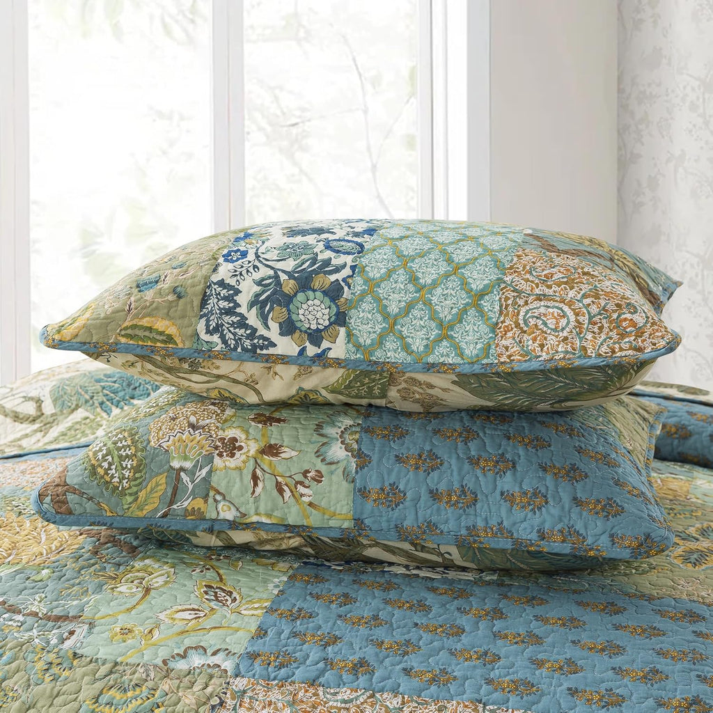 NEWLAKE Bedspread Quilt Set, Reversible Cotton Patchwork Bohemian Quilt, Lightweight and Breathable for All Seasons, Soft Quilted Bedspread with 2 Pillowcases, Queen Size - Grand Goldman