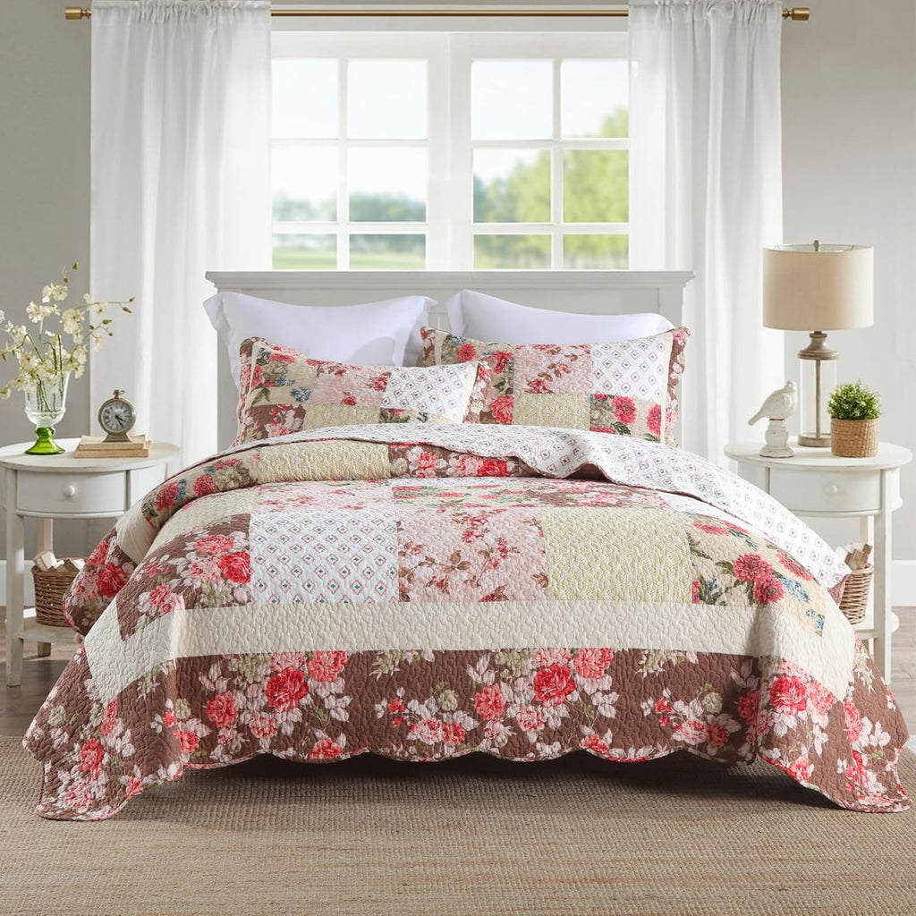 NEWLAKE Bedspread Quilt Set, Reversible Cotton Patchwork Bohemian Quilt, Lightweight and Breathable for All Seasons, Soft Quilted Bedspread with 2 Pillowcases, Queen Size - Grand Goldman