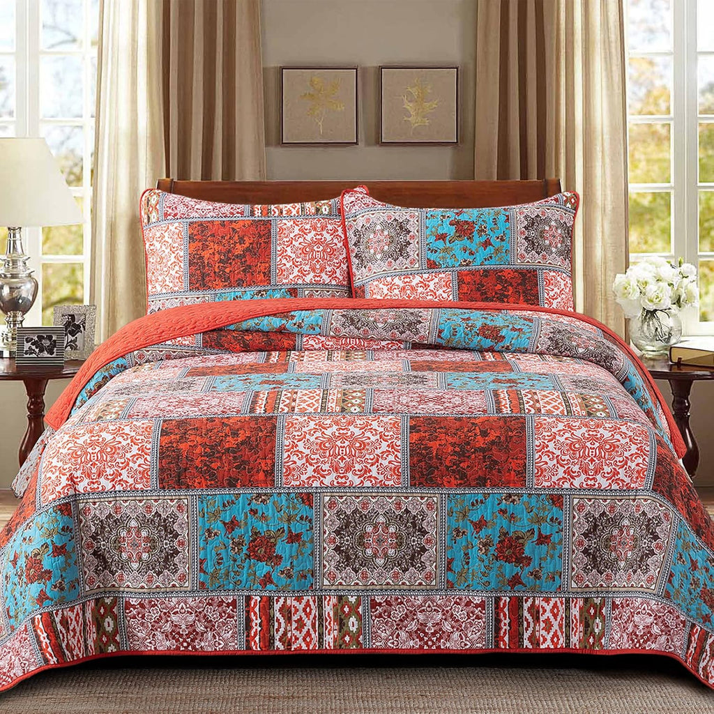 NEWLAKE Bedspread Quilt Set, Reversible Cotton Patchwork Bohemian Quilt, Lightweight and Breathable for All Seasons, Soft Quilted Bedspread with 2 Pillowcases, Queen Size - Grand Goldman