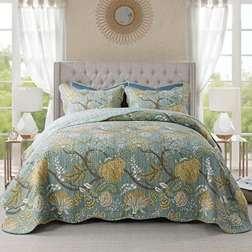 NEWLAKE Bedspread Quilt Set, Reversible Cotton Patchwork Bohemian Quilt, Lightweight and Breathable for All Seasons, Soft Quilted Bedspread with 2 Pillowcases, Queen Size - Grand Goldman