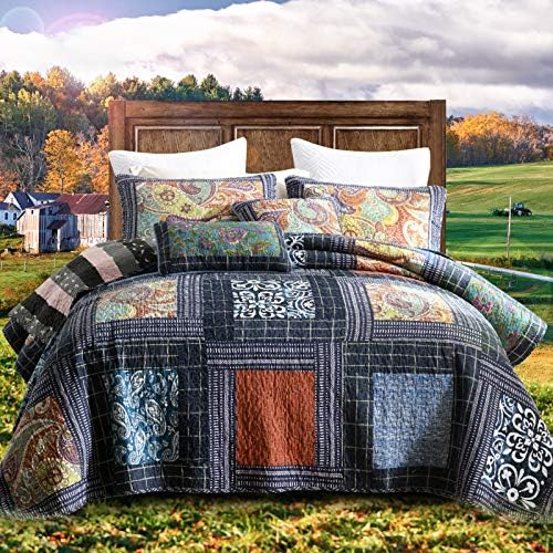 NEWLAKE Bedspread Quilt Set, Reversible Cotton Patchwork Bohemian Quilt, Lightweight and Breathable for All Seasons, Soft Quilted Bedspread with 2 Pillowcases, Queen Size - Grand Goldman