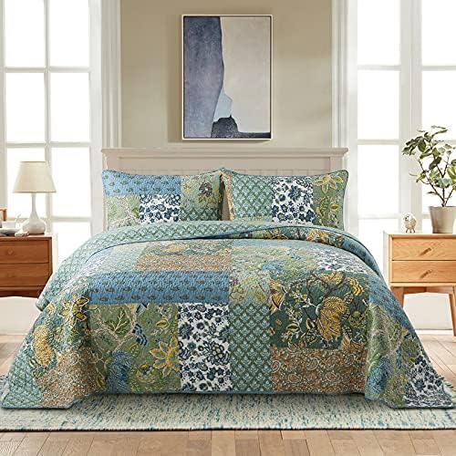 NEWLAKE Bedspread Quilt Set, Reversible Cotton Patchwork Bohemian Quilt, Lightweight and Breathable for All Seasons, Soft Quilted Bedspread with 2 Pillowcases, Queen Size - Grand Goldman