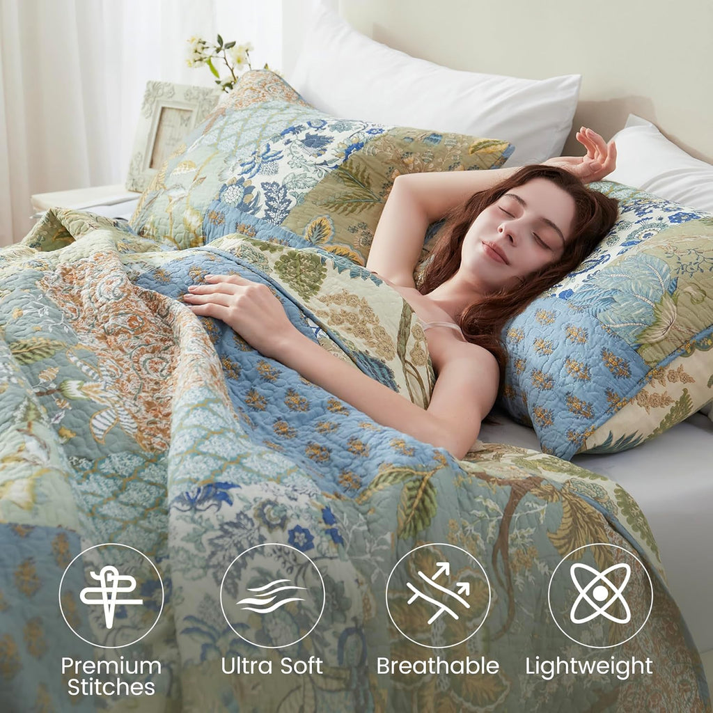 NEWLAKE Bedspread Quilt Set, Reversible Cotton Patchwork Bohemian Quilt, Lightweight and Breathable for All Seasons, Soft Quilted Bedspread with 2 Pillowcases, Queen Size - Grand Goldman