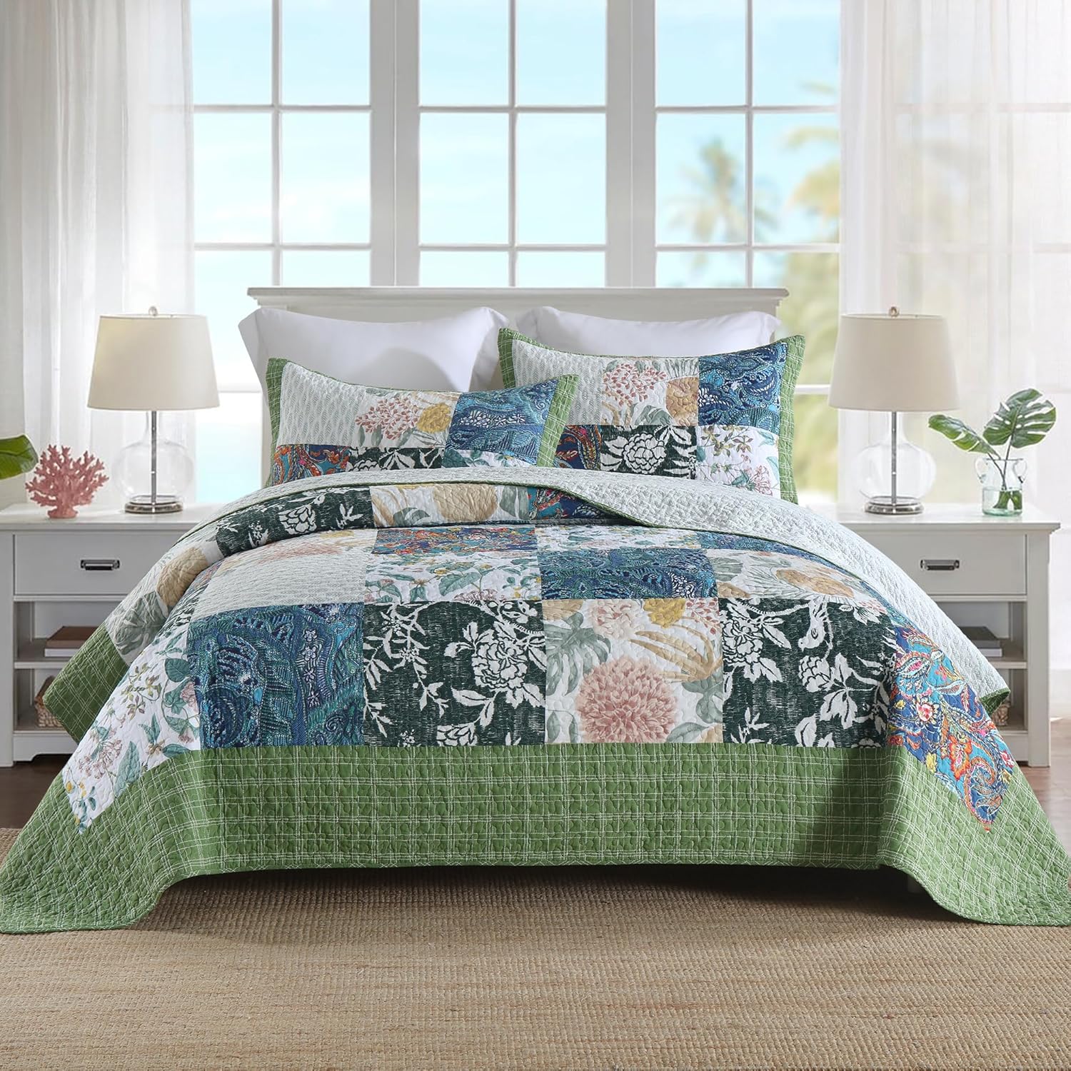 NEWLAKE Bedspread Quilt Set, Reversible Cotton Patchwork Bohemian Quilt, Lightweight and Breathable for All Seasons, Soft Quilted Bedspread with 2 Pillowcases, Queen Size - Grand Goldman