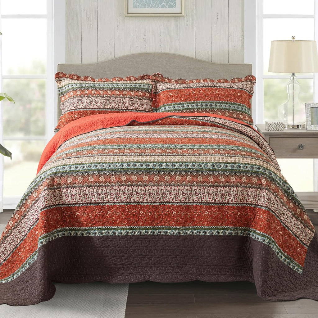 NEWLAKE Bedspread Quilt Set, Reversible Cotton Patchwork Bohemian Quilt, Lightweight and Breathable for All Seasons, Soft Quilted Bedspread with 2 Pillowcases, Queen Size - Grand Goldman