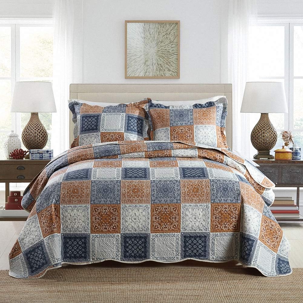 NEWLAKE Bedspread Quilt Set, Reversible Cotton Patchwork Bohemian Quilt, Lightweight and Breathable for All Seasons, Soft Quilted Bedspread with 2 Pillowcases, Queen Size - Grand Goldman
