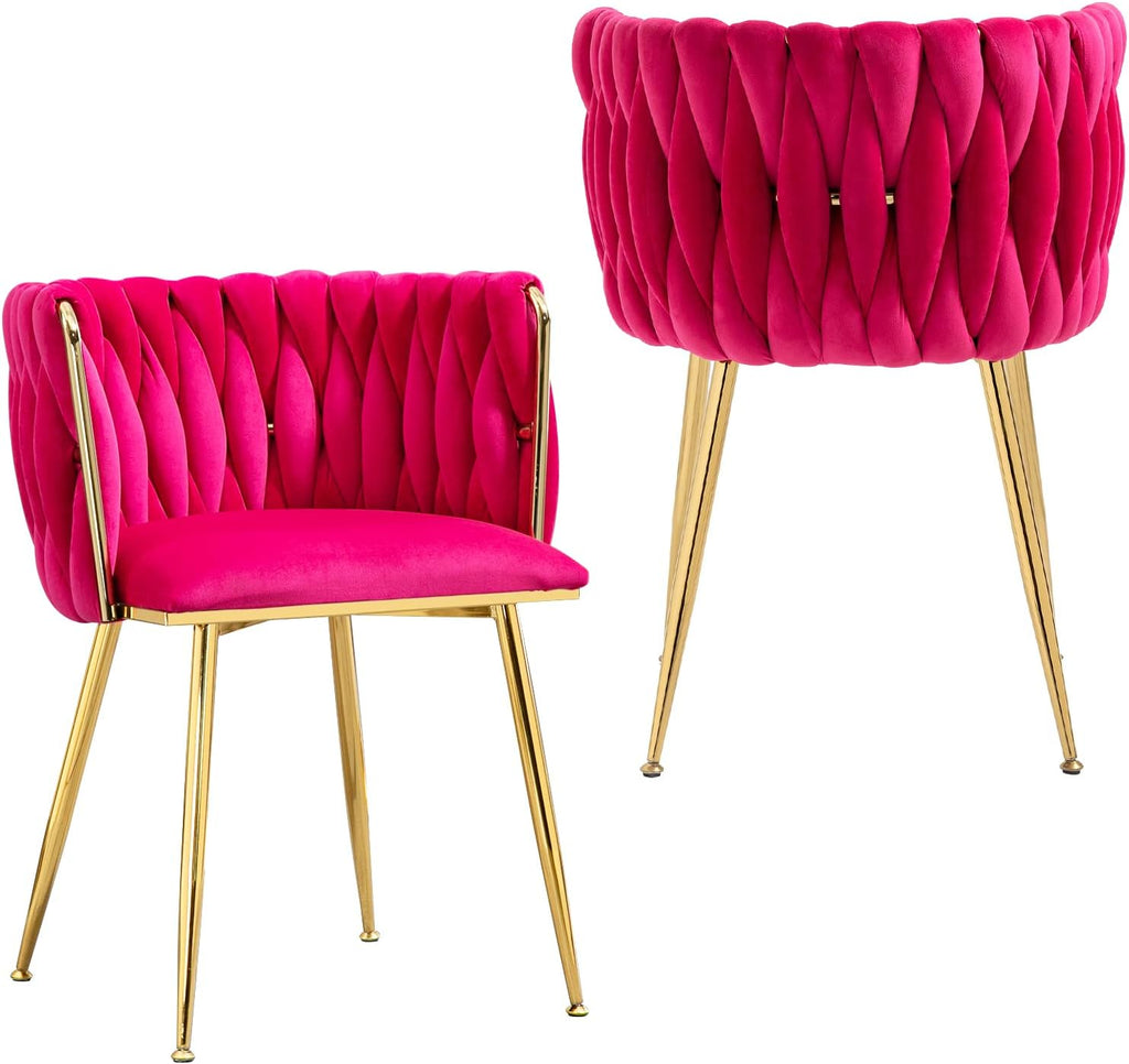 NIOIIKIT Modern Velvet Dining Chairs Set of 2 Hand Weaving Accent Upholstered Side Chair with Golden Metal Legs for Dining Room Kitchen Vanity Living Room (Rosered) - Grand Goldman