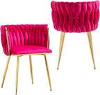NIOIIKIT Modern Velvet Dining Chairs Set of 2 Hand Weaving Accent Upholstered Side Chair with Golden Metal Legs for Dining Room Kitchen Vanity Living Room (Rosered) - Grand Goldman