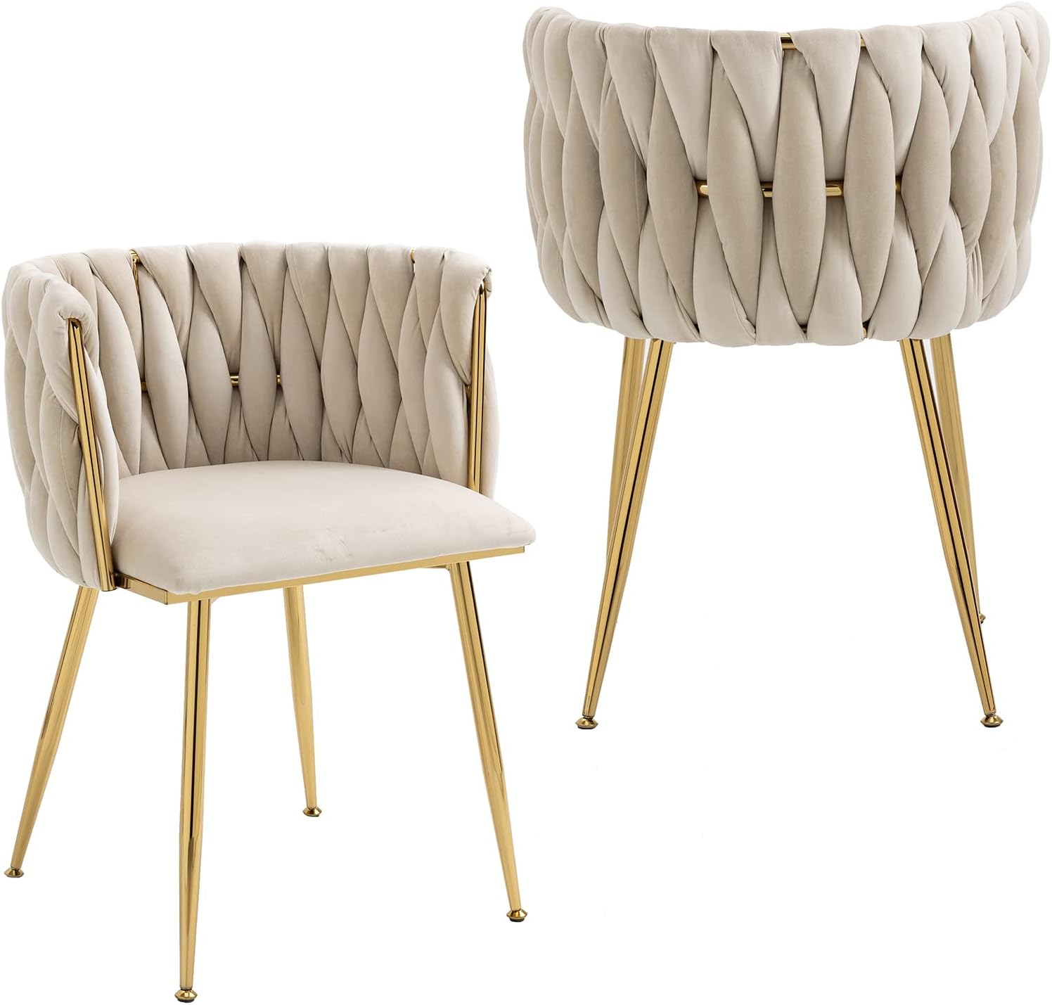 NIOIIKIT Modern Velvet Dining Chairs Set of 2 Hand Weaving Accent Upholstered Side Chair with Golden Metal Legs for Dining Room Kitchen Vanity Living Room (Rosered) - Grand Goldman