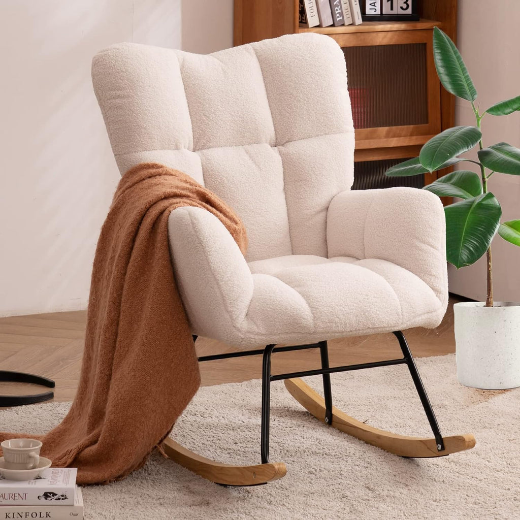NIOIIKIT Nursery Rocking Chair Teddy Upholstered Glider Rocker Rocking Accent Chair Padded Seat with High Backrest Armchair Comfy Side Chair for Living Room Bedroom Offices (Ivory Teddy) - Grand Goldman