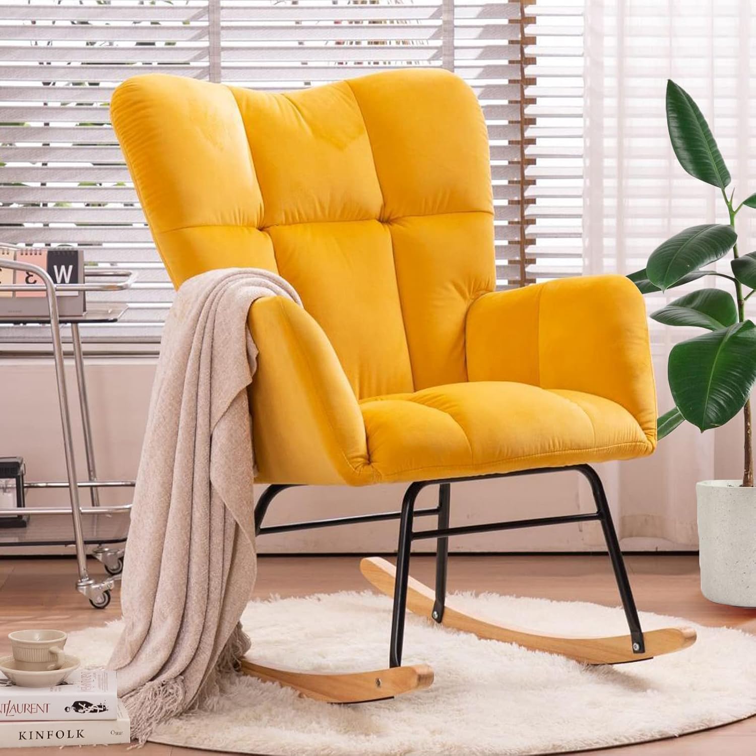 NIOIIKIT Nursery Rocking Chair Teddy Upholstered Glider Rocker Rocking Accent Chair Padded Seat with High Backrest Armchair Comfy Side Chair for Living Room Bedroom Offices (Ivory Teddy) - Grand Goldman