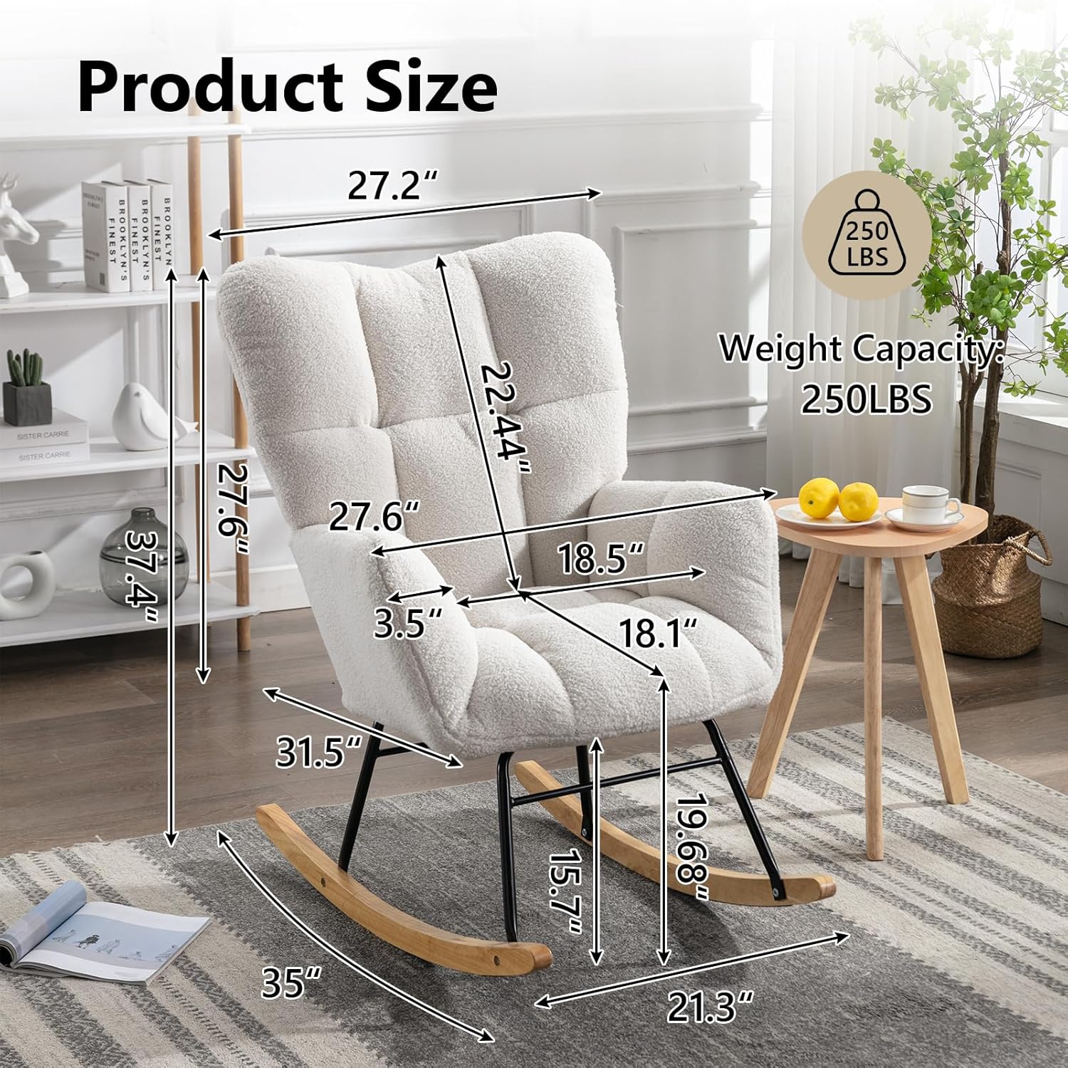 NIOIIKIT Nursery Rocking Chair Teddy Upholstered Glider Rocker Rocking Accent Chair Padded Seat with High Backrest Armchair Comfy Side Chair for Living Room Bedroom Offices (Ivory Teddy) - Grand Goldman