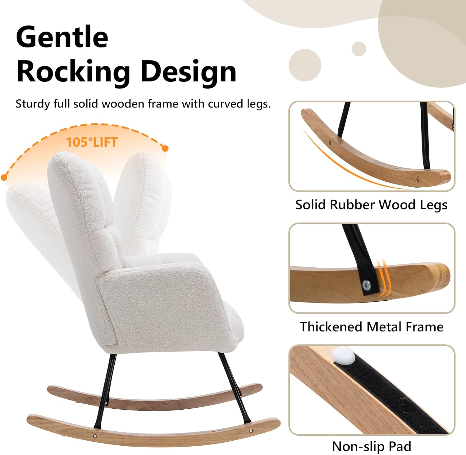 NIOIIKIT Nursery Rocking Chair Teddy Upholstered Glider Rocker Rocking Accent Chair Padded Seat with High Backrest Armchair Comfy Side Chair for Living Room Bedroom Offices (Ivory Teddy) - Grand Goldman