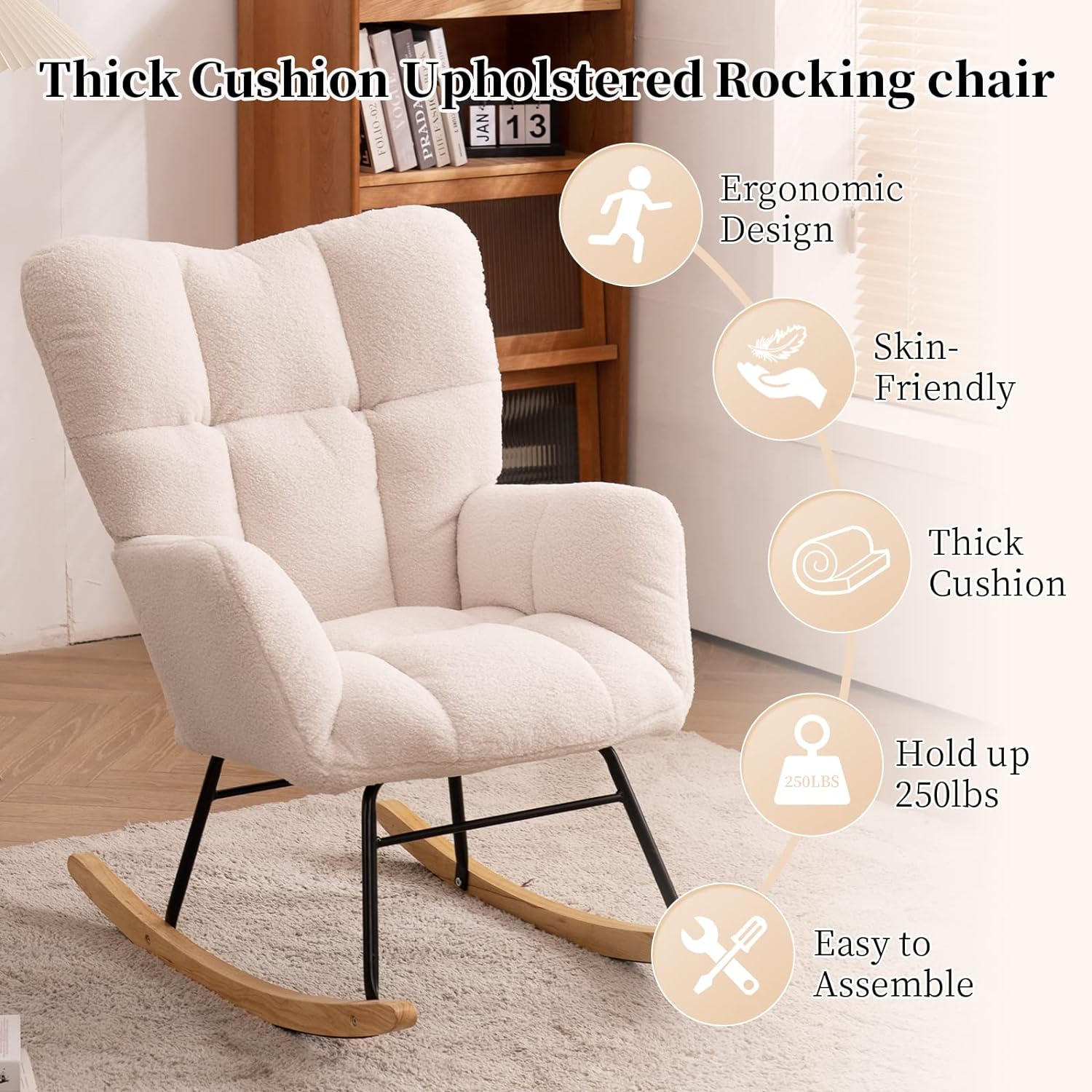 NIOIIKIT Nursery Rocking Chair Teddy Upholstered Glider Rocker Rocking Accent Chair Padded Seat with High Backrest Armchair Comfy Side Chair for Living Room Bedroom Offices (Ivory Teddy) - Grand Goldman