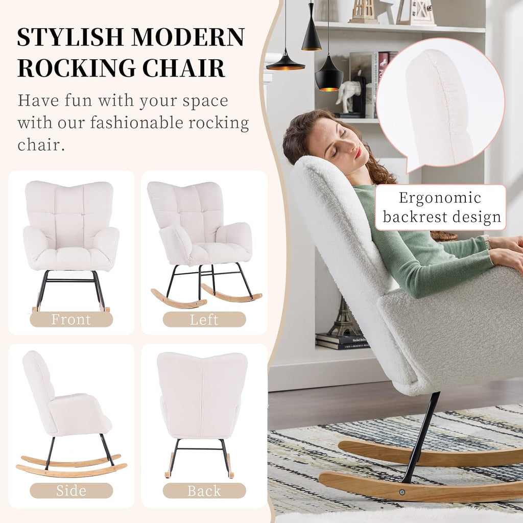 NIOIIKIT Nursery Rocking Chair Teddy Upholstered Glider Rocker Rocking Accent Chair Padded Seat with High Backrest Armchair Comfy Side Chair for Living Room Bedroom Offices (Ivory Teddy) - Grand Goldman