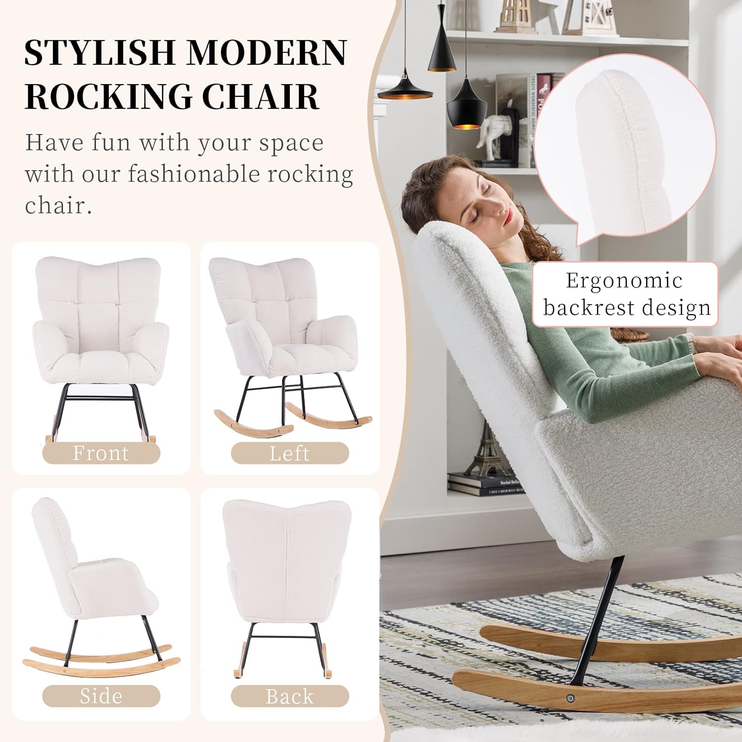 NIOIIKIT Nursery Rocking Chair Teddy Upholstered Glider Rocker Rocking Accent Chair Padded Seat with High Backrest Armchair Comfy Side Chair for Living Room Bedroom Offices (Ivory Teddy) - Grand Goldman