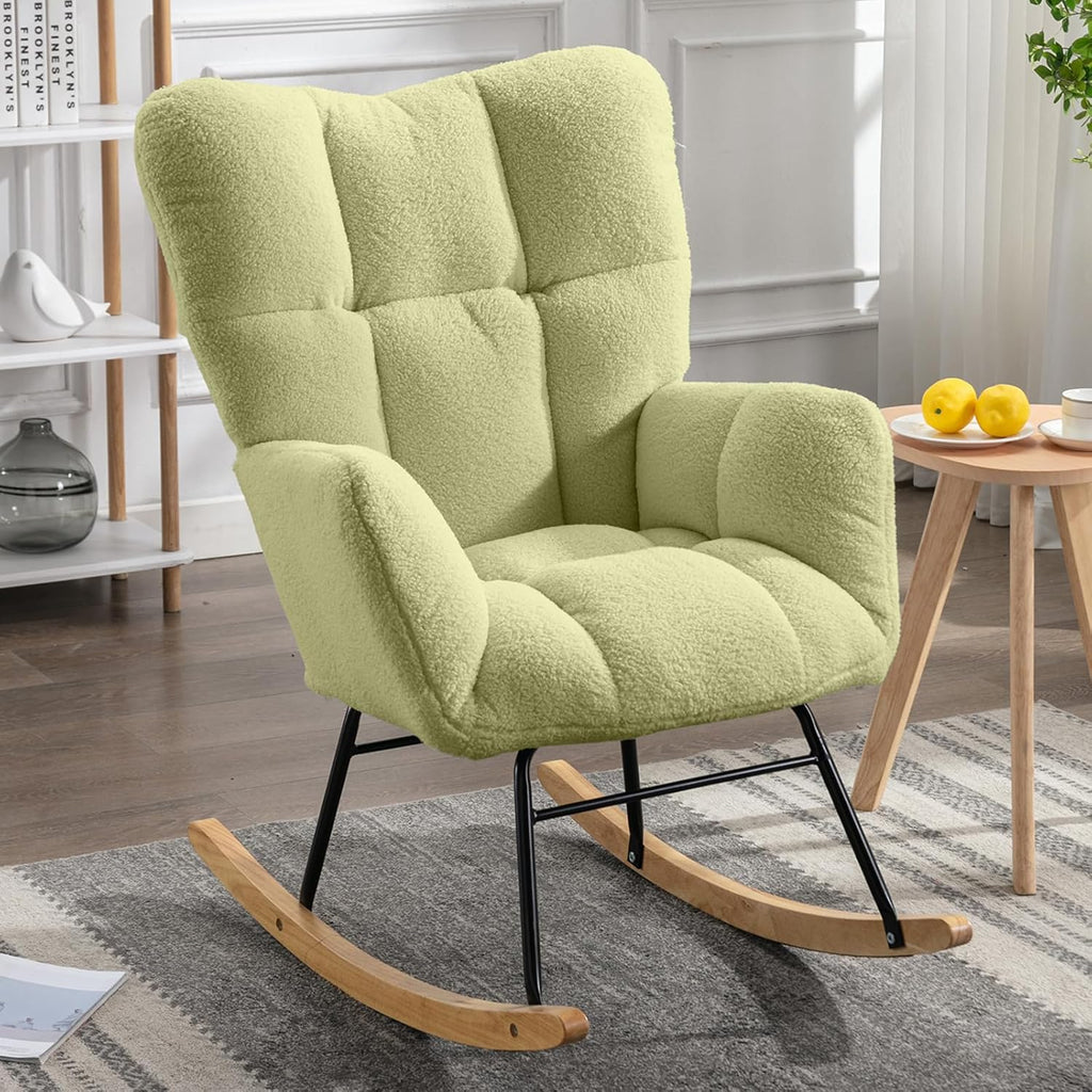 NIOIIKIT Nursery Rocking Chair Teddy Upholstered Glider Rocker Rocking Accent Chair Padded Seat with High Backrest Armchair Comfy Side Chair for Living Room Bedroom Offices (Ivory Teddy) - Grand Goldman