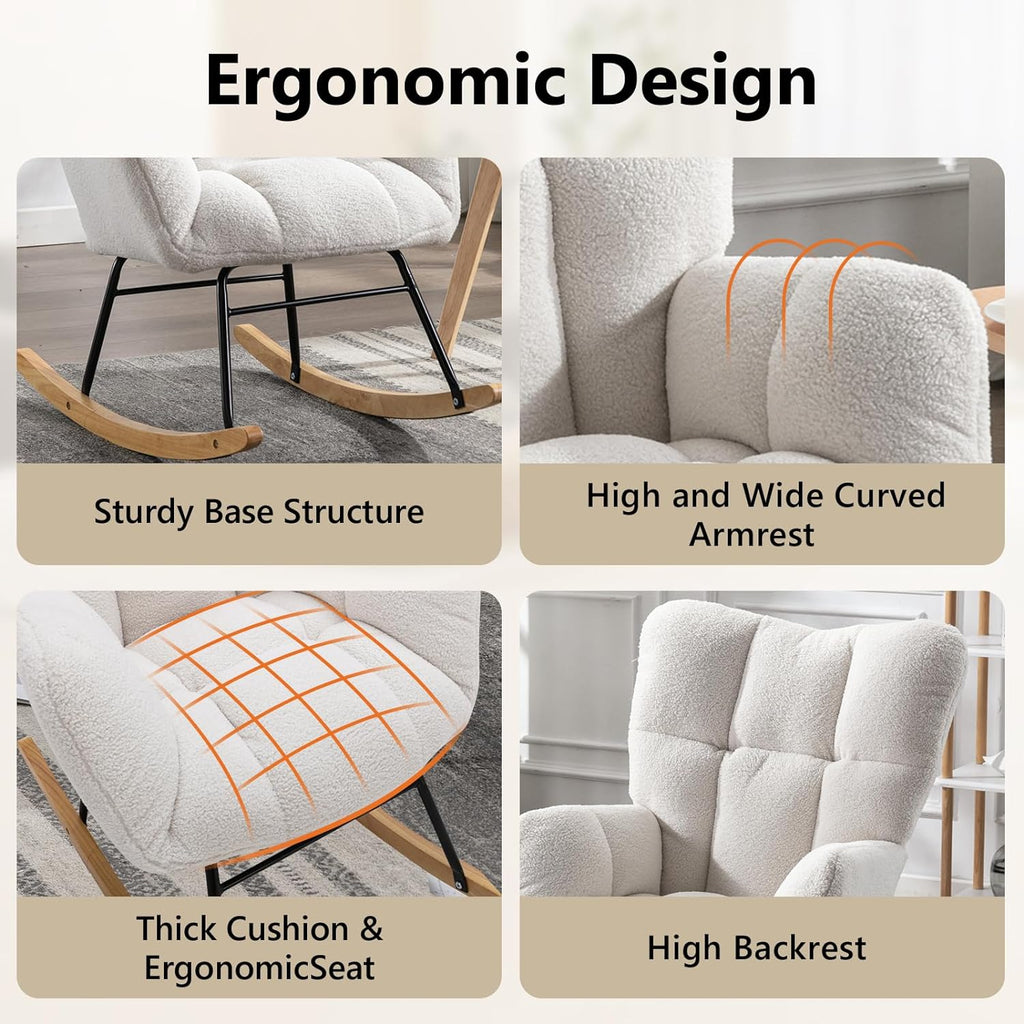 NIOIIKIT Nursery Rocking Chair Teddy Upholstered Glider Rocker Rocking Accent Chair Padded Seat with High Backrest Armchair Comfy Side Chair for Living Room Bedroom Offices (Ivory Teddy) - Grand Goldman
