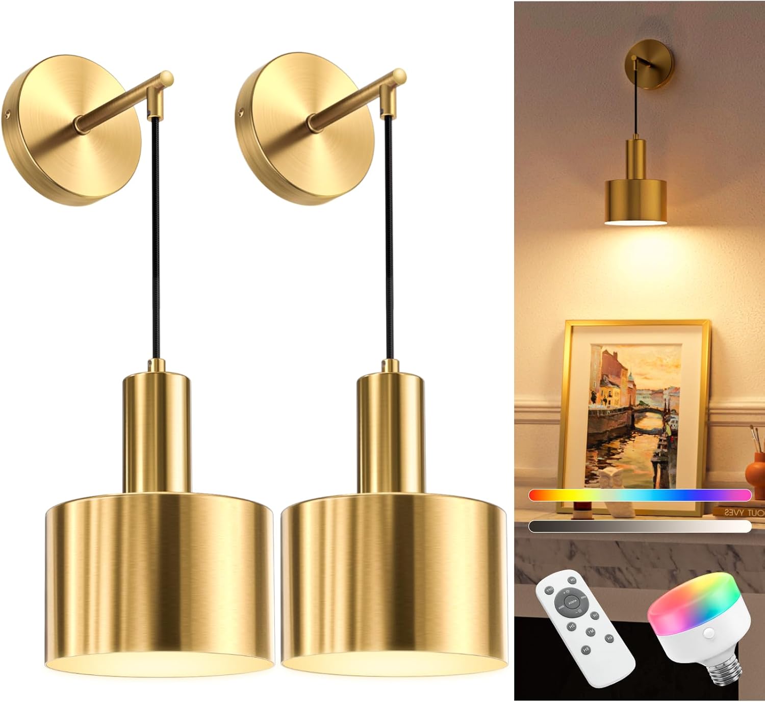 NIORSUN Battery Operated Wall Sconce Set of 2, Gold & Black Wireless Rechargeable Wall Lights with 5200mAh Dimmable Detachable Bulbs and Remote, 9 Colors Sconces Wall Decor for Bedroom Living Room - Grand Goldman
