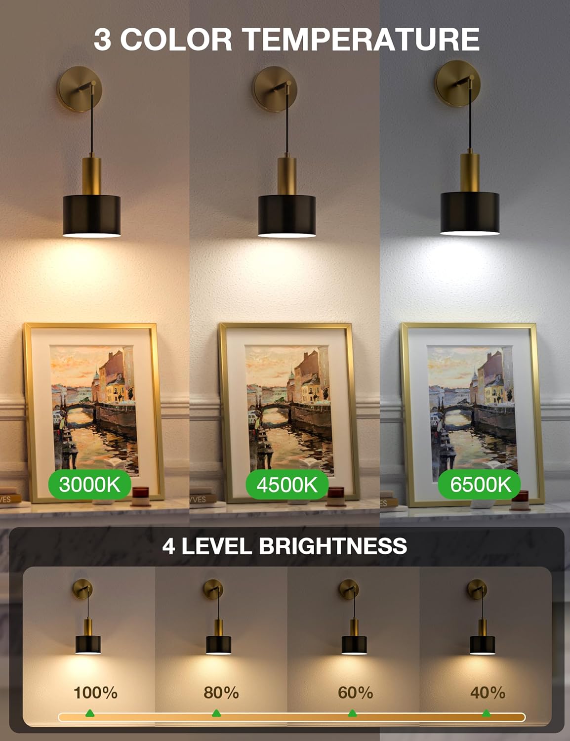 NIORSUN Battery Operated Wall Sconce Set of 2, Gold & Black Wireless Rechargeable Wall Lights with 5200mAh Dimmable Detachable Bulbs and Remote, 9 Colors Sconces Wall Decor for Bedroom Living Room - Grand Goldman