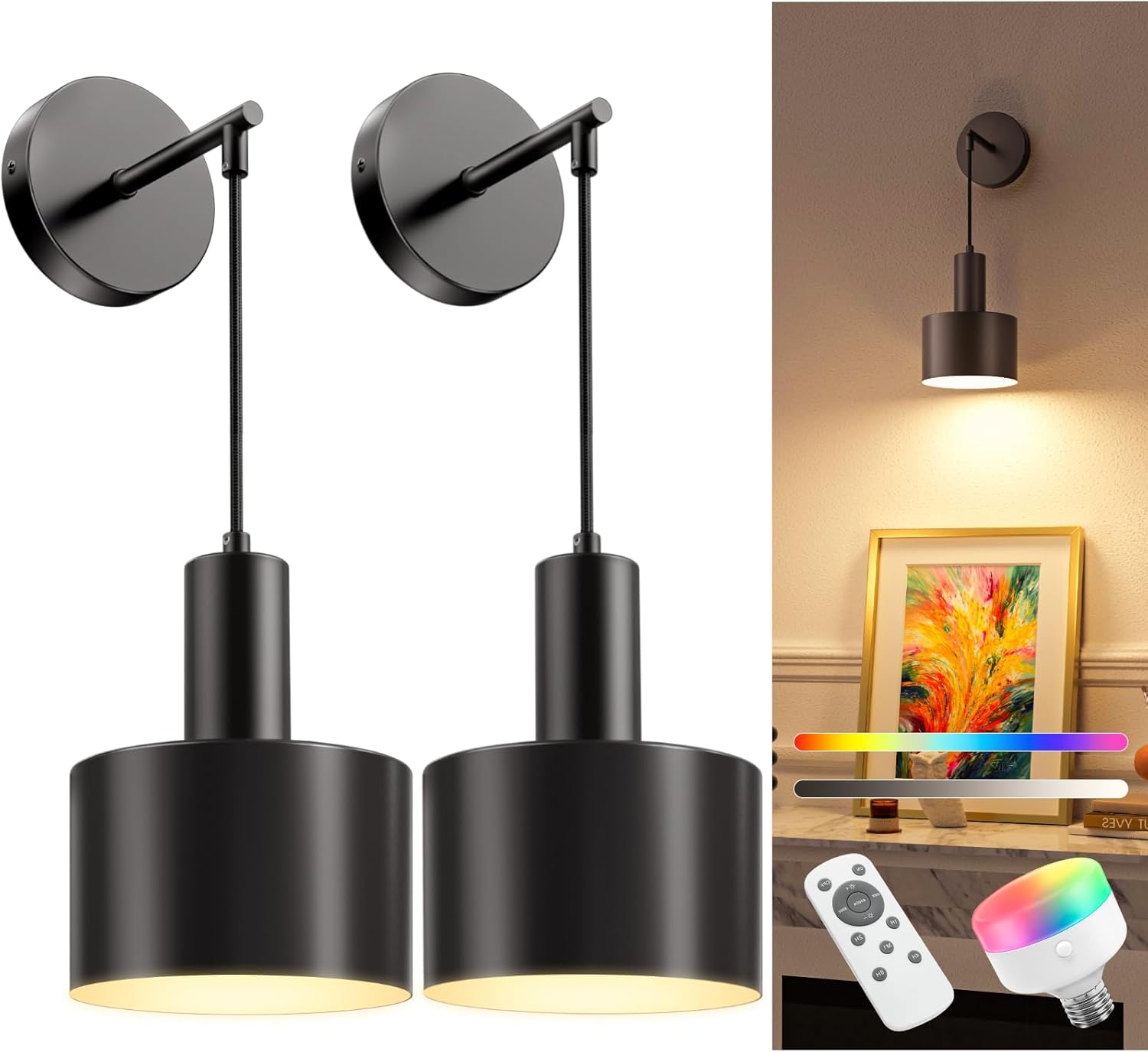 NIORSUN Battery Operated Wall Sconce Set of 2, Gold & Black Wireless Rechargeable Wall Lights with 5200mAh Dimmable Detachable Bulbs and Remote, 9 Colors Sconces Wall Decor for Bedroom Living Room - Grand Goldman