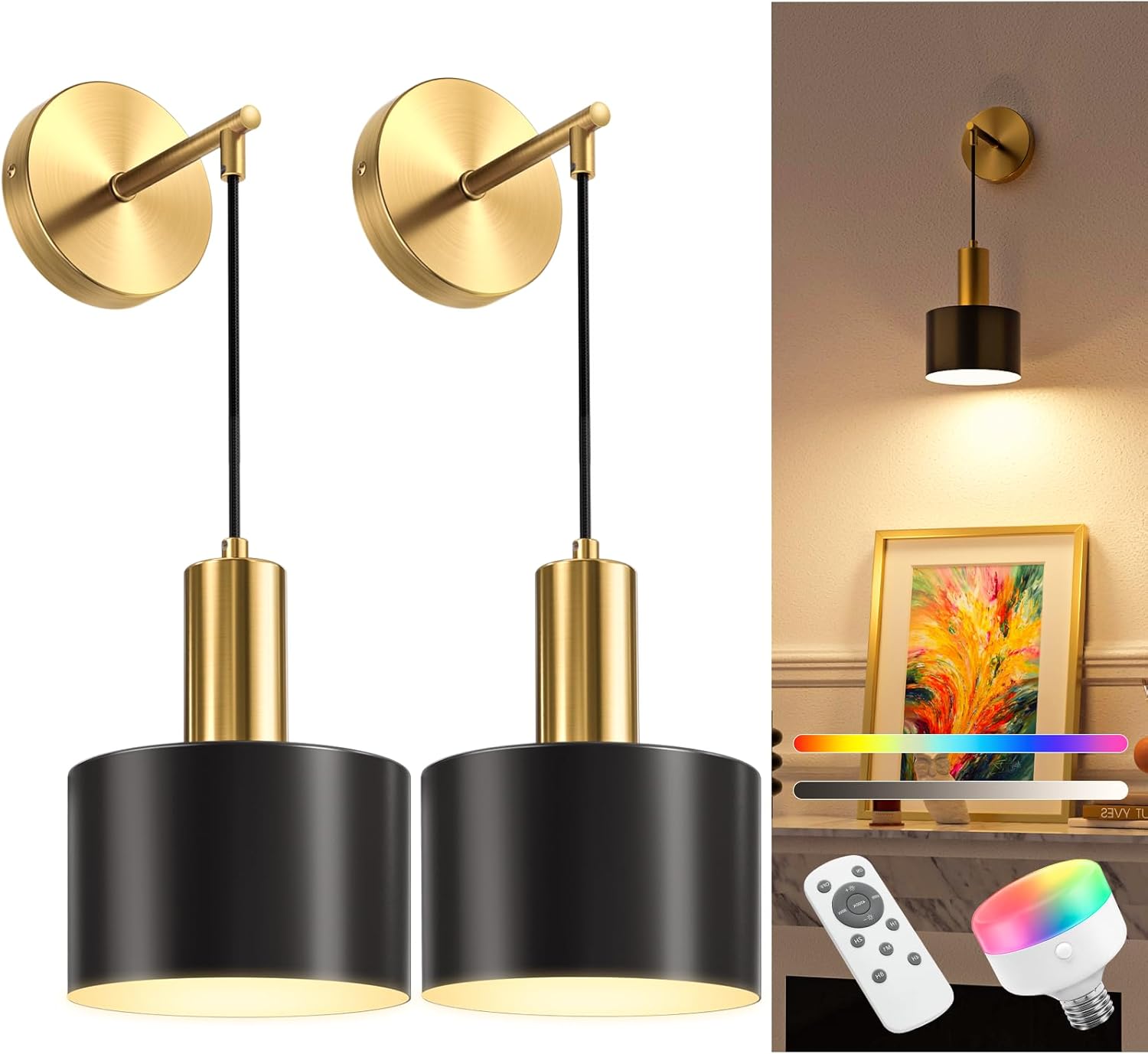 NIORSUN Battery Operated Wall Sconce Set of 2, Gold & Black Wireless Rechargeable Wall Lights with 5200mAh Dimmable Detachable Bulbs and Remote, 9 Colors Sconces Wall Decor for Bedroom Living Room - Grand Goldman