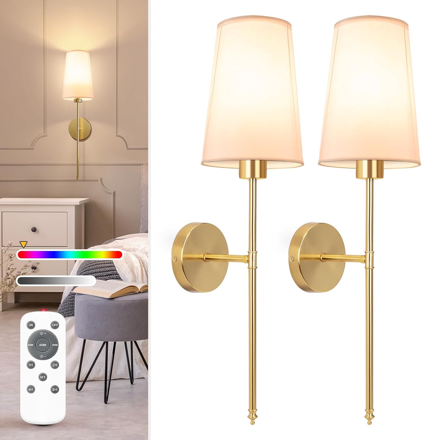 NIORSUN Battery Operated Wall Sconce Set of 2,Gold Rechargeable Wall Lights with 5200mAh Dimmable Detachable Bulbs and Remote,10 Colors Wireless Sconces for Bedroom Living Room Hallway - Grand Goldman