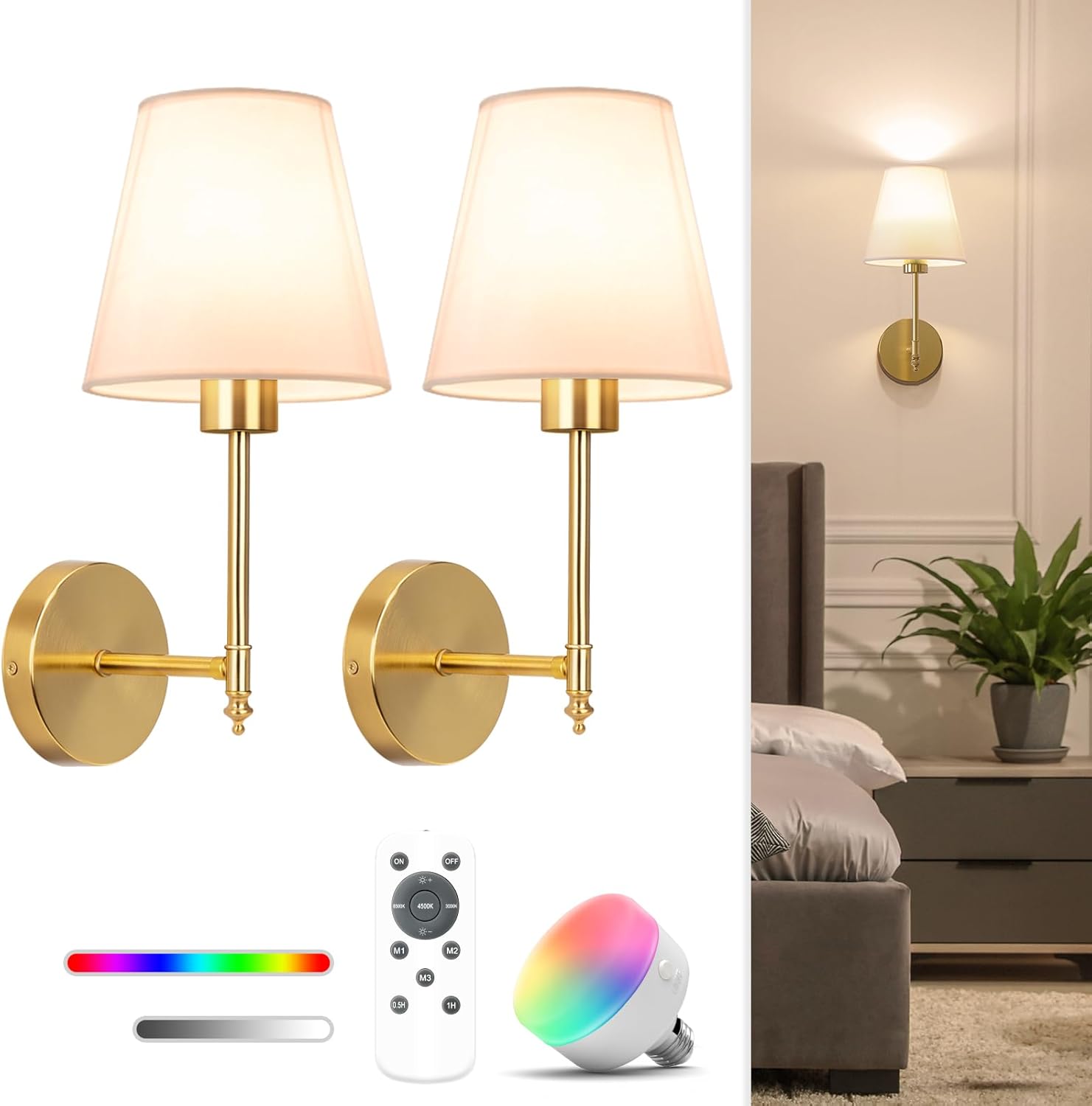 NIORSUN Battery Operated Wall Sconce Set of 2,Gold Rechargeable Wall Lights with 5200mAh Dimmable Detachable Bulbs and Remote,10 Colors Wireless Sconces for Bedroom Living Room Hallway - Grand Goldman