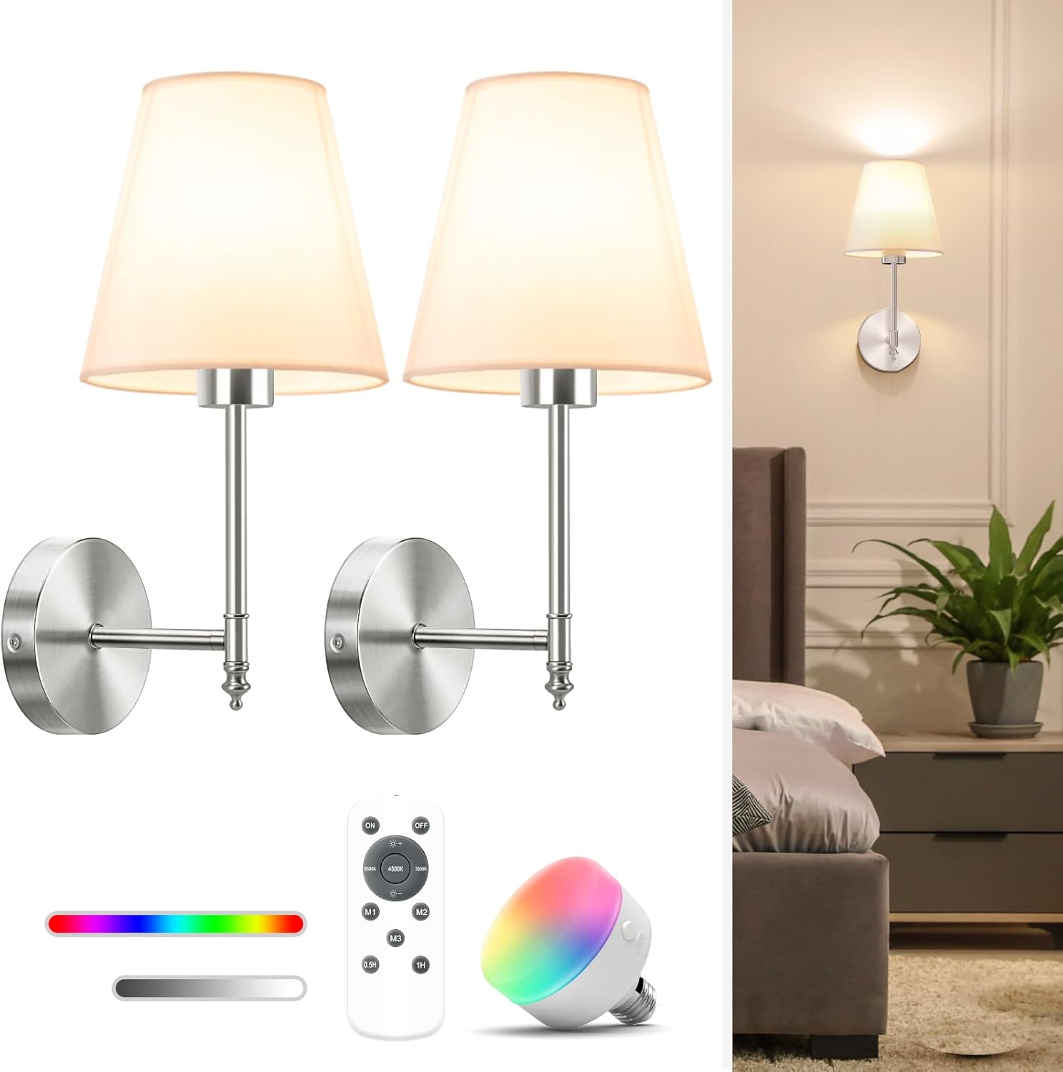 NIORSUN Battery Operated Wall Sconce Set of 2,Gold Rechargeable Wall Lights with 5200mAh Dimmable Detachable Bulbs and Remote,10 Colors Wireless Sconces for Bedroom Living Room Hallway - Grand Goldman