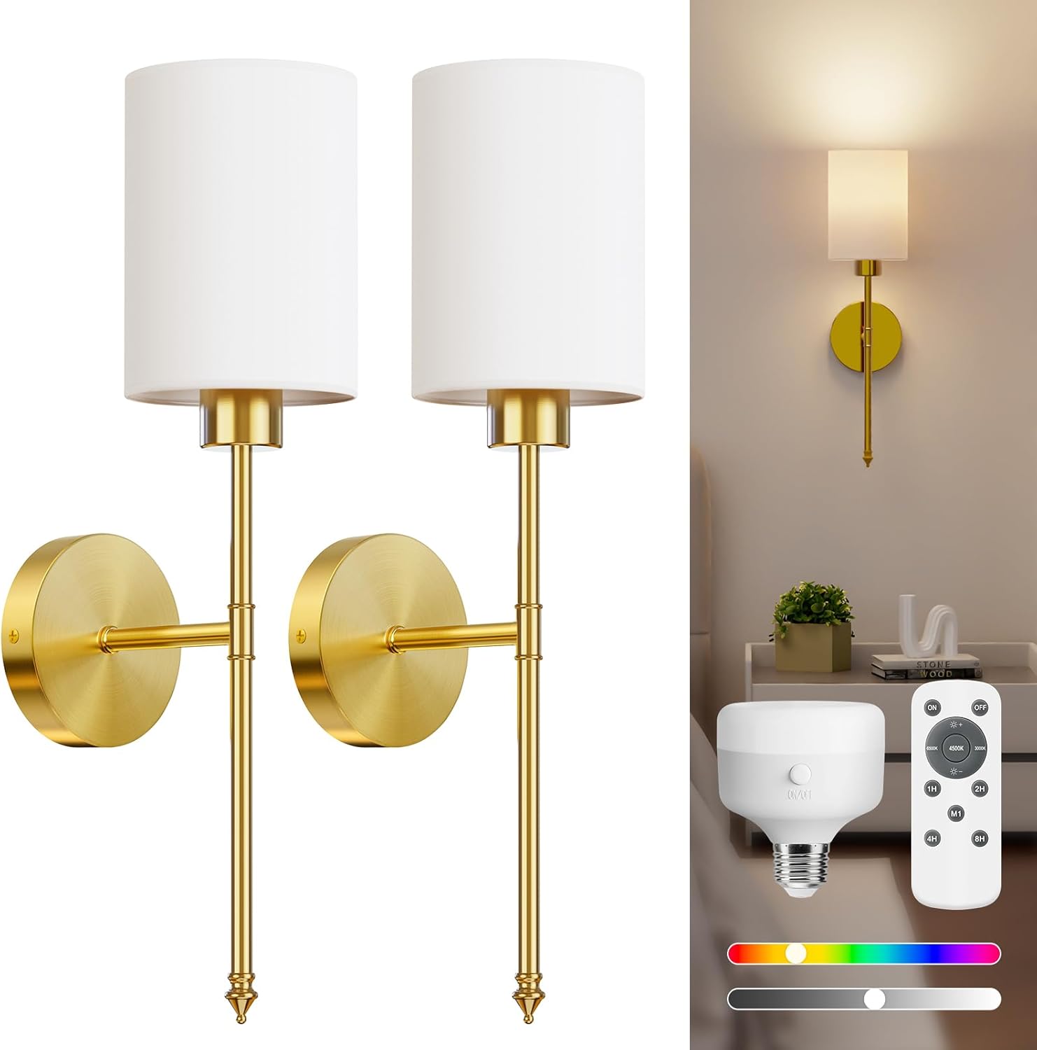 NIORSUN Battery Operated Wall Sconce Set of 2, Gold Wireless Rechargeable Wall Lights with 5200mAh Dimmable Detachable Bulbs and Remote, 9 Colors Sconces Wall Decor for Bedroom Living Room Hallway - Grand Goldman