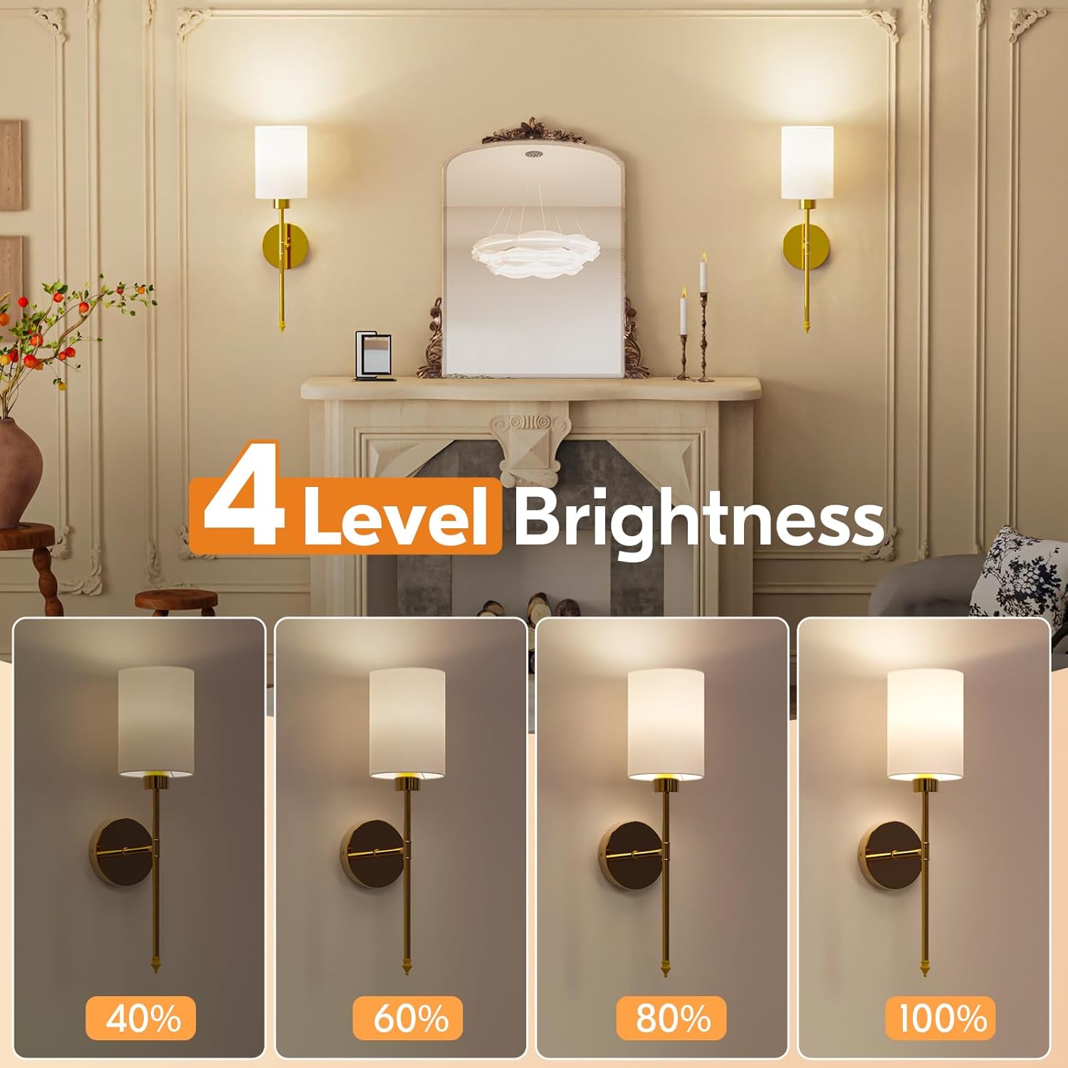 NIORSUN Battery Operated Wall Sconce Set of 2, Gold Wireless Rechargeable Wall Lights with 5200mAh Dimmable Detachable Bulbs and Remote, 9 Colors Sconces Wall Decor for Bedroom Living Room Hallway - Grand Goldman