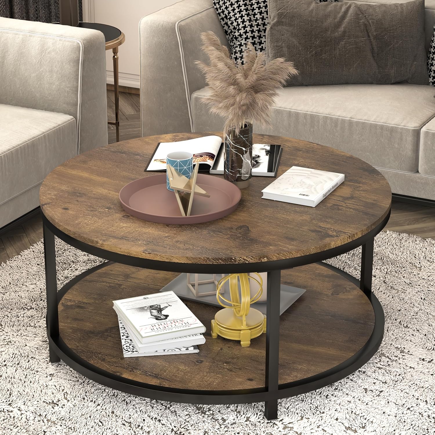 NSdirect Round Coffee Table,36" Coffee Table for Living Room,2-Tier Rustic Wood Desktop with Storage Shelf Modern Design Home Furniture(Light Walnut) - Grand Goldman