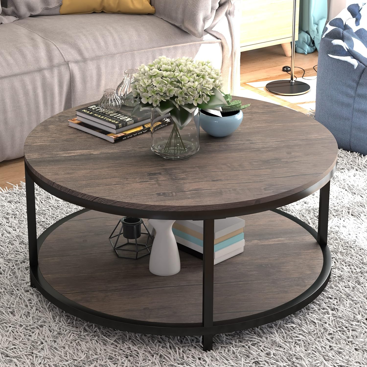 NSdirect Round Coffee Table,36" Coffee Table for Living Room,2-Tier Rustic Wood Desktop with Storage Shelf Modern Design Home Furniture(Light Walnut) - Grand Goldman