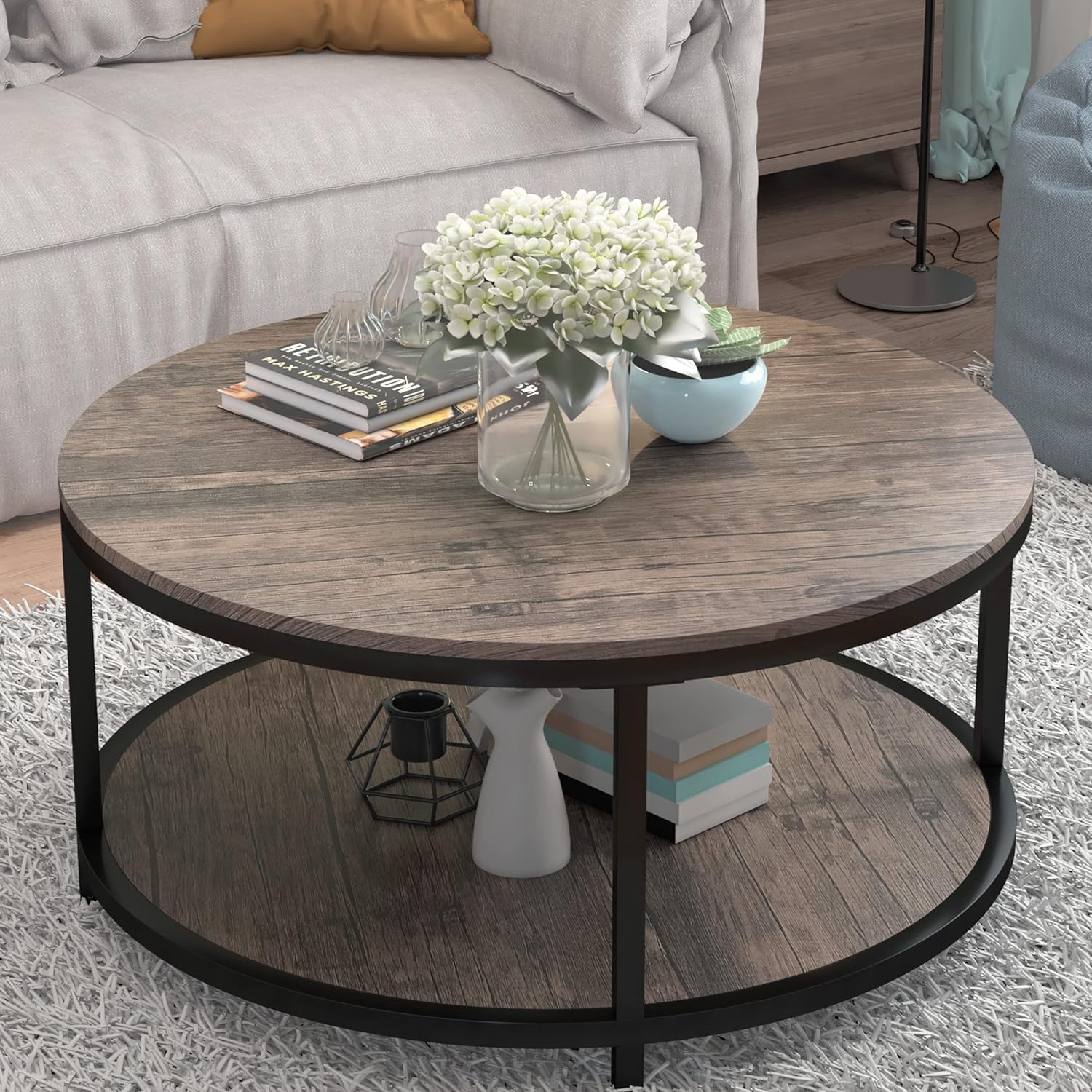 NSdirect Round Coffee Table,36" Coffee Table for Living Room,2-Tier Rustic Wood Desktop with Storage Shelf Modern Design Home Furniture(Light Walnut) - Grand Goldman