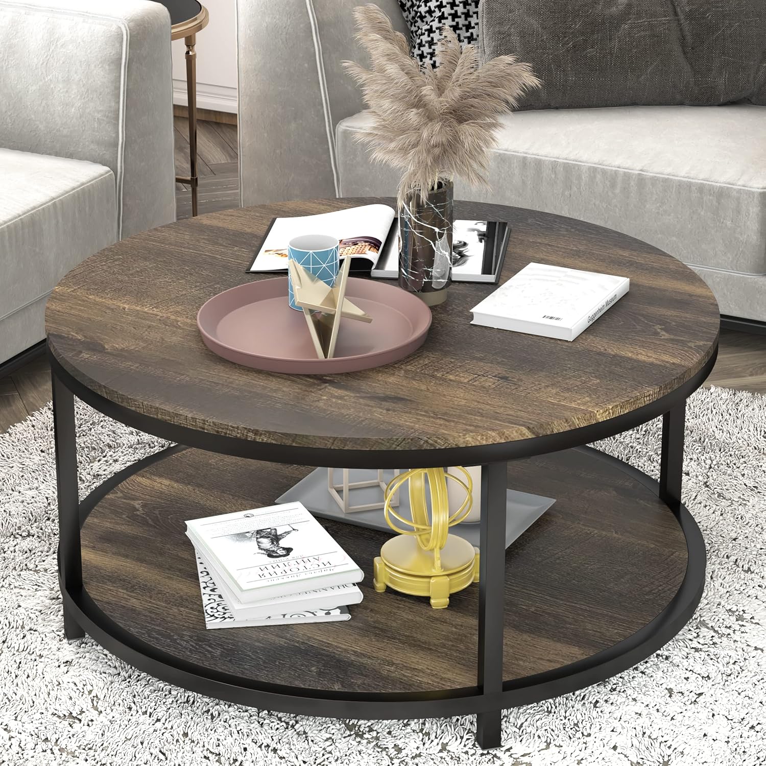 NSdirect Round Coffee Table,36" Coffee Table for Living Room,2-Tier Rustic Wood Desktop with Storage Shelf Modern Design Home Furniture(Light Walnut) - Grand Goldman