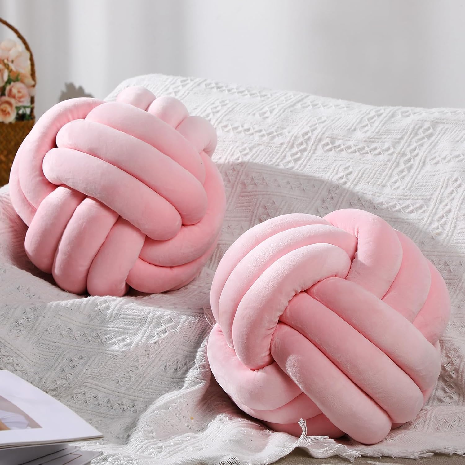 Namalu 2 Pieces Knot Ball Pillows Round Plush Aesthetic Cushion Pillows Soft Stress Relieving Cute Decorative Knotted Pillows for Kids Bed Sofa Bedroom Decor (Light Pink, 7.87 Inches) - Grand Goldman
